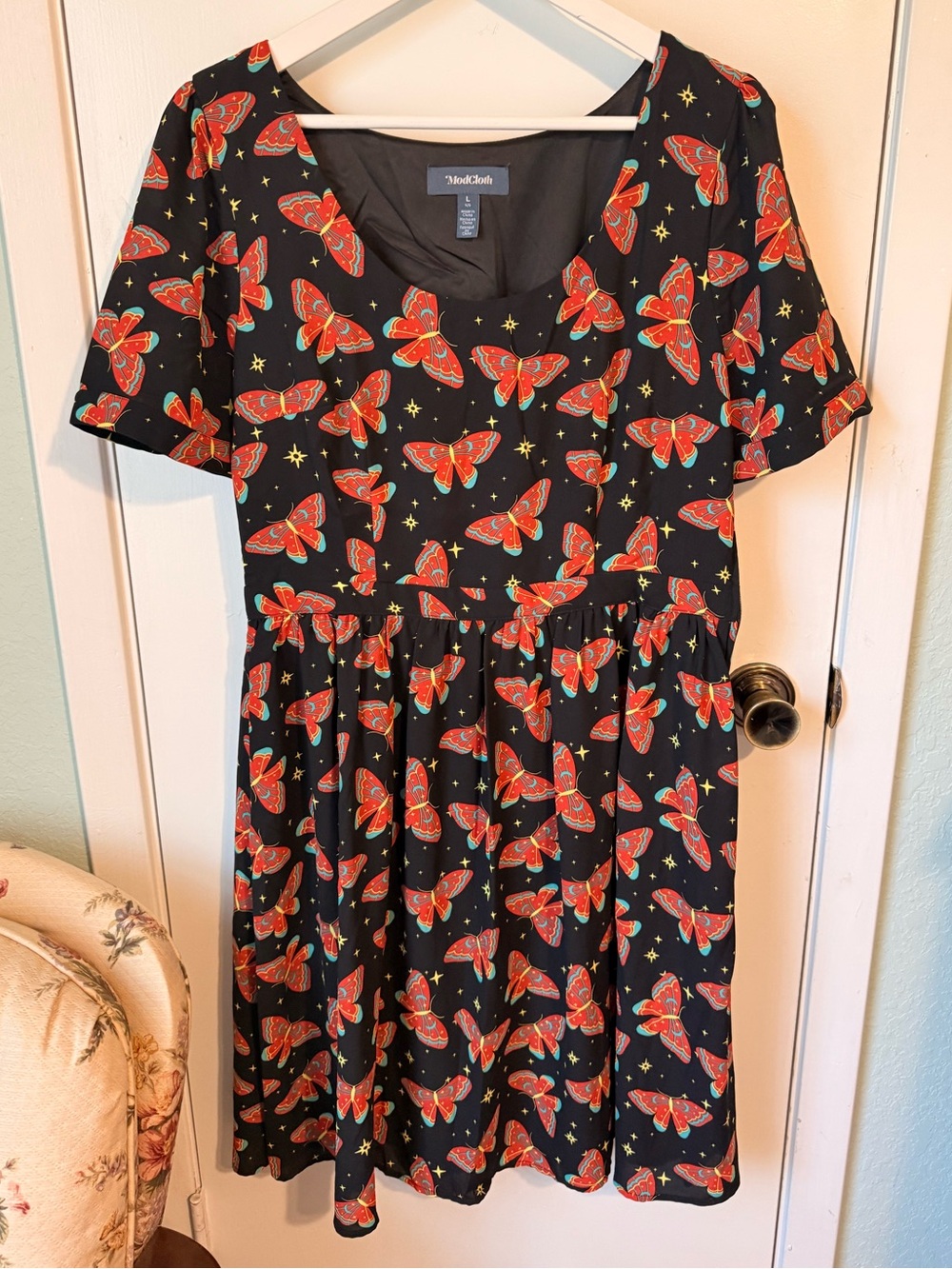 ModCloth Black Dress with Red and Turquoise Moth Print